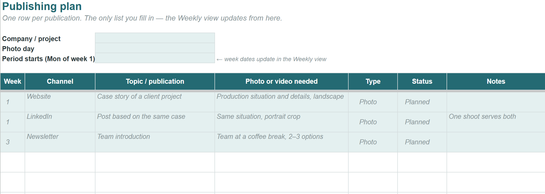 The Publishing plan tab of the planner: one row per publication – week, channel, topic and the photo or video needed.